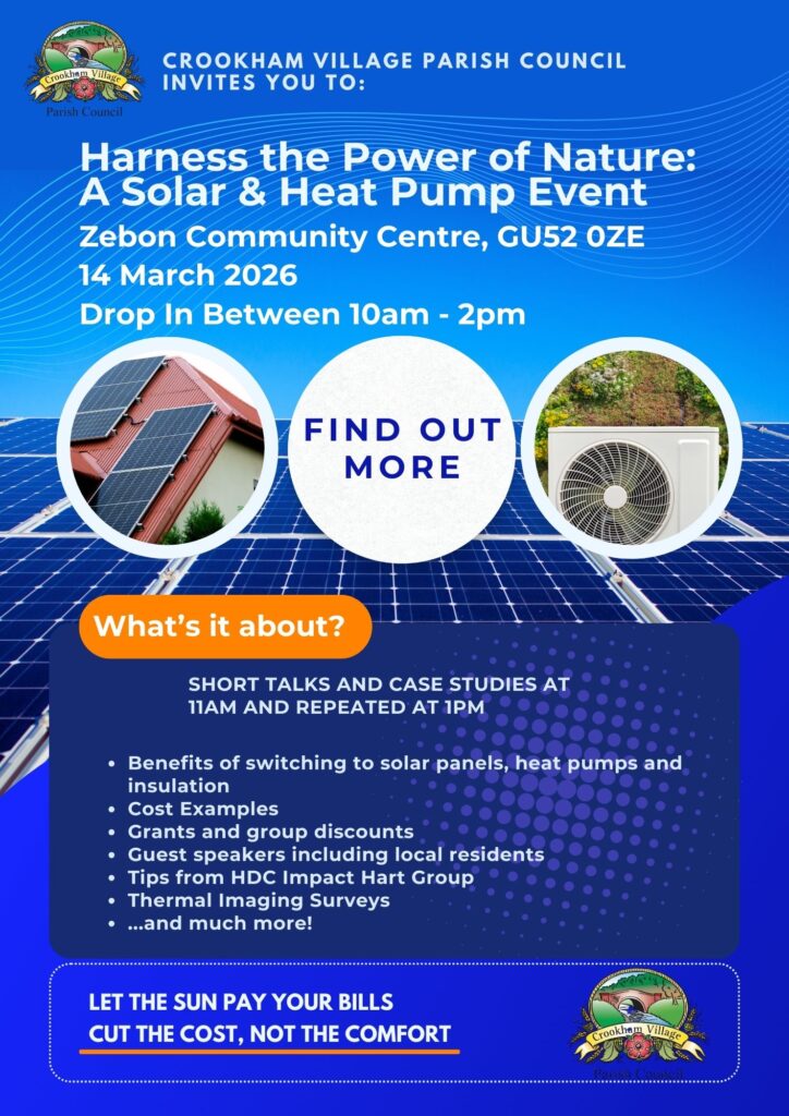 Solar and Heat Pump Event Poster poster with blue background and white text promoting Solar and Heat Pump Event.