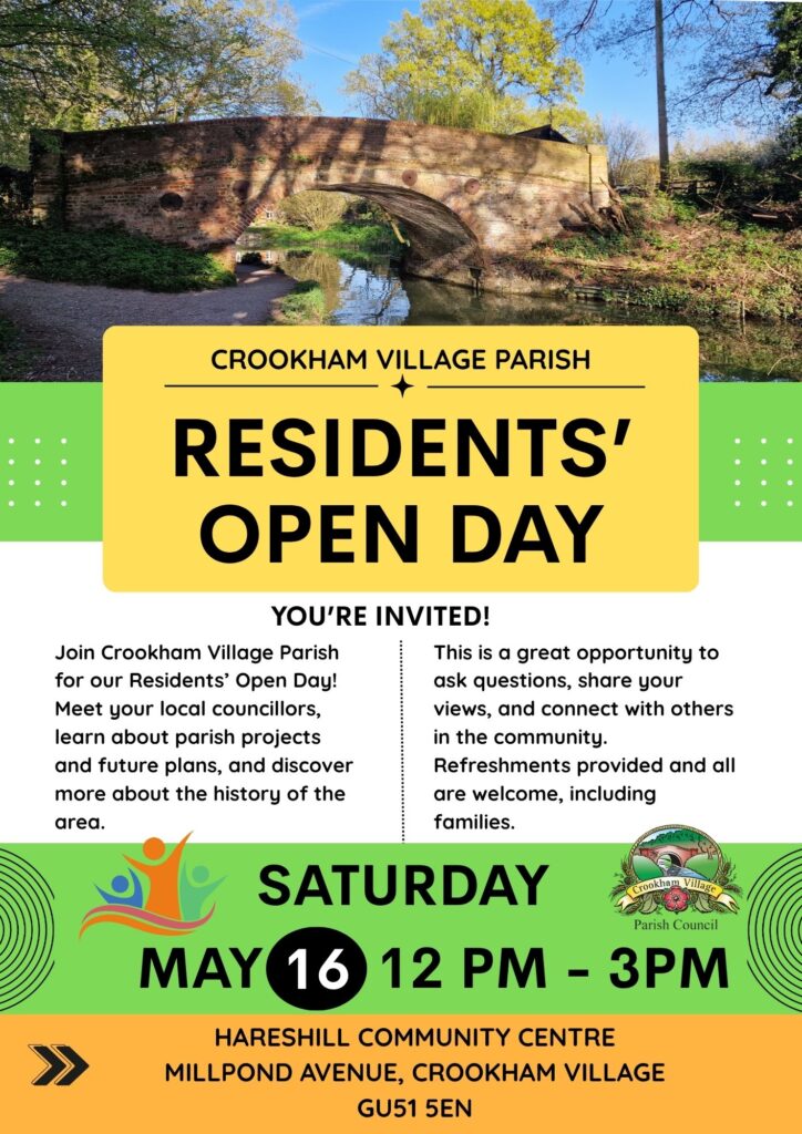 poster with text overlay for Residents' Open Day in Crookham Village.