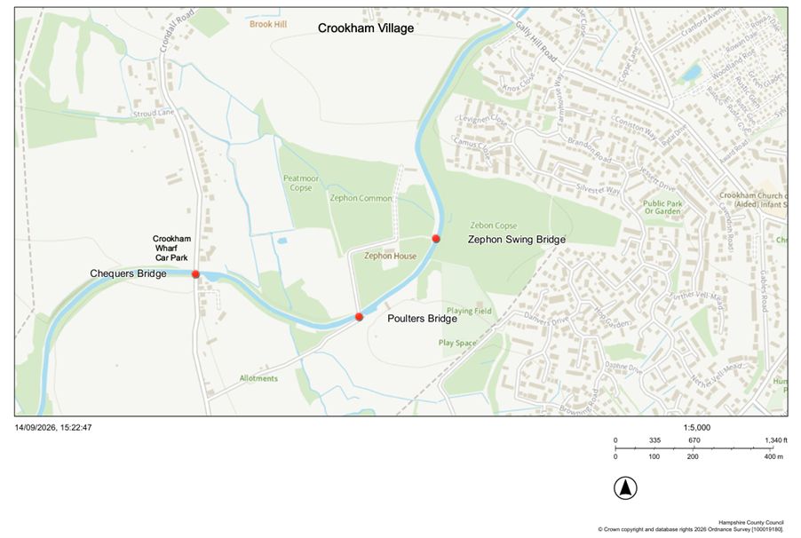 map showing bridges on Basingstoke canal within Crookham area.